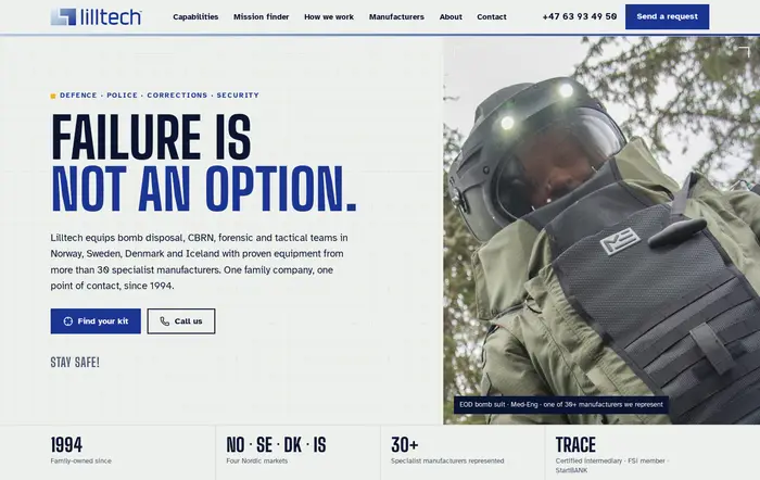 Retning 1 på PC: lys side med stor overskrift «Failure is not an option» og foto av en bombetekniker i drakt